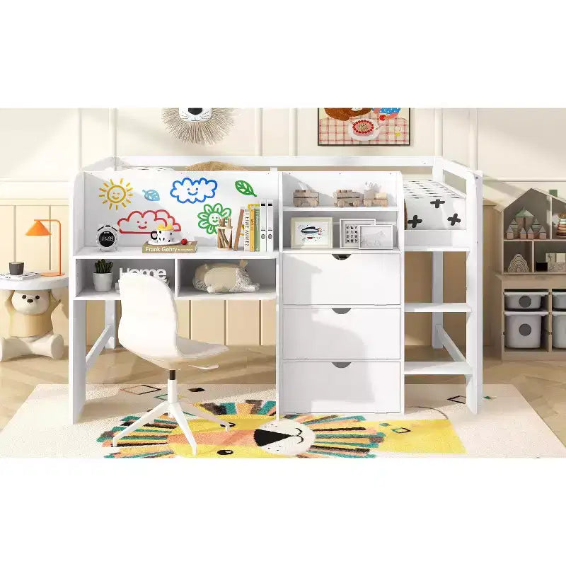 Letto a Soppalco Basso Matrimoniale con Scrivania Incorporata, Armadietti e Libreria Aperta, Lavagna per Graffiti, Letto a Soppalco Basso Matrimoniale Bianco con Scrivania Incorporata