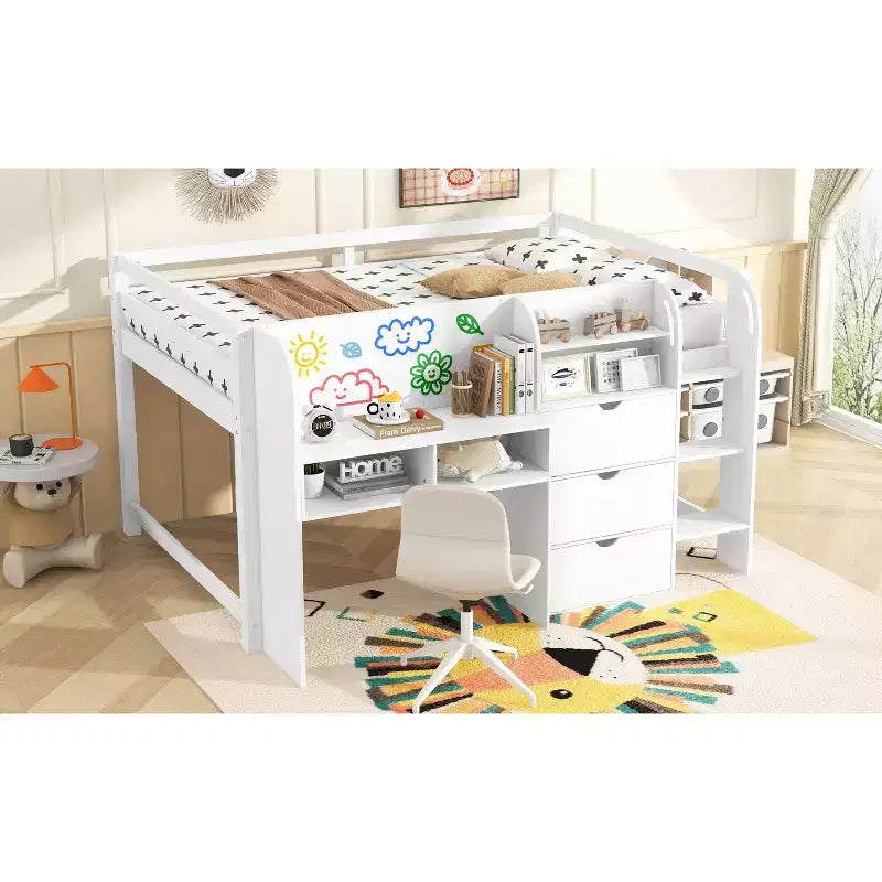 Letto a Soppalco Basso Matrimoniale con Scrivania Incorporata, Armadietti e Libreria Aperta, Lavagna per Graffiti, Letto a Soppalco Basso Matrimoniale Bianco con Scrivania Incorporata