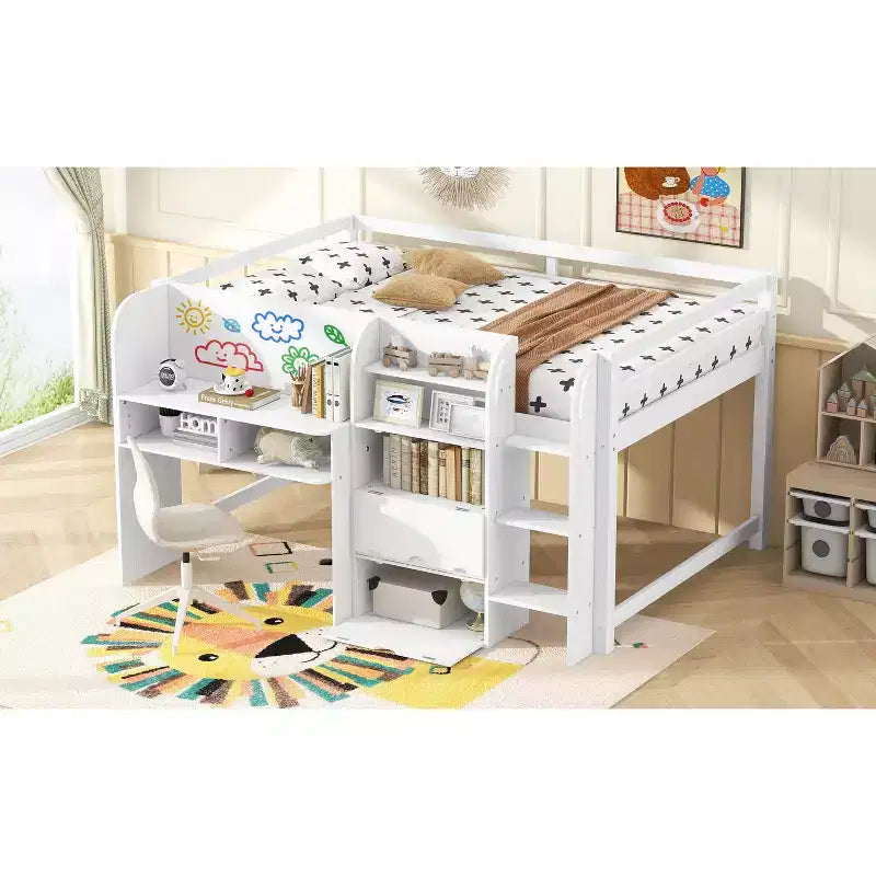 Letto a Soppalco Basso Matrimoniale con Scrivania Incorporata, Armadietti e Libreria Aperta, Lavagna per Graffiti, Letto a Soppalco Basso Matrimoniale Bianco con Scrivania Incorporata