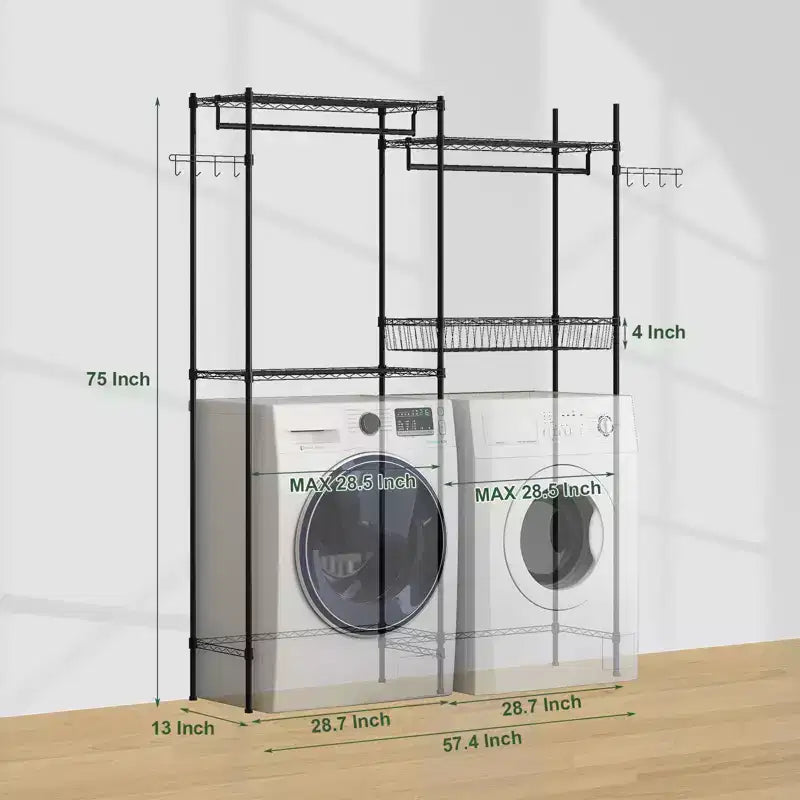 Mensole sopra lavatrice e asciugatrice, stendibiancheria per lavanderia, scaffale portaoggetti e organizer, scaffalatura in filo metallico ad altezza regolabile e cesto in filo metallico