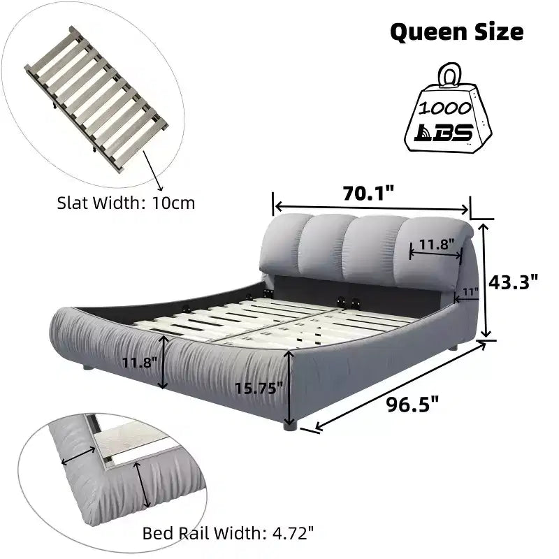 Letto a piattaforma imbottito di lusso MAYEERTY Queen Size con schienale imbottito oversize e struttura in legno massello Grigio