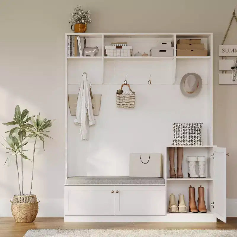78.8 Armadio appendiabiti con scarpiera e appendiabiti, panca da ingresso stile rustico, 4 scomparti per scarpe, 4 ganci appendiabiti, 3 ripiani aperti superiori, mobile contenitore per ingresso
