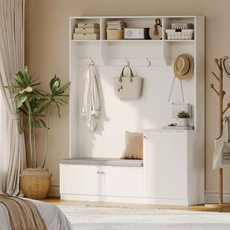 78.8 Armadio appendiabiti con scarpiera e appendiabiti, panca da ingresso stile rustico, 4 scomparti per scarpe, 4 ganci appendiabiti, 3 ripiani aperti superiori, mobile contenitore per ingresso