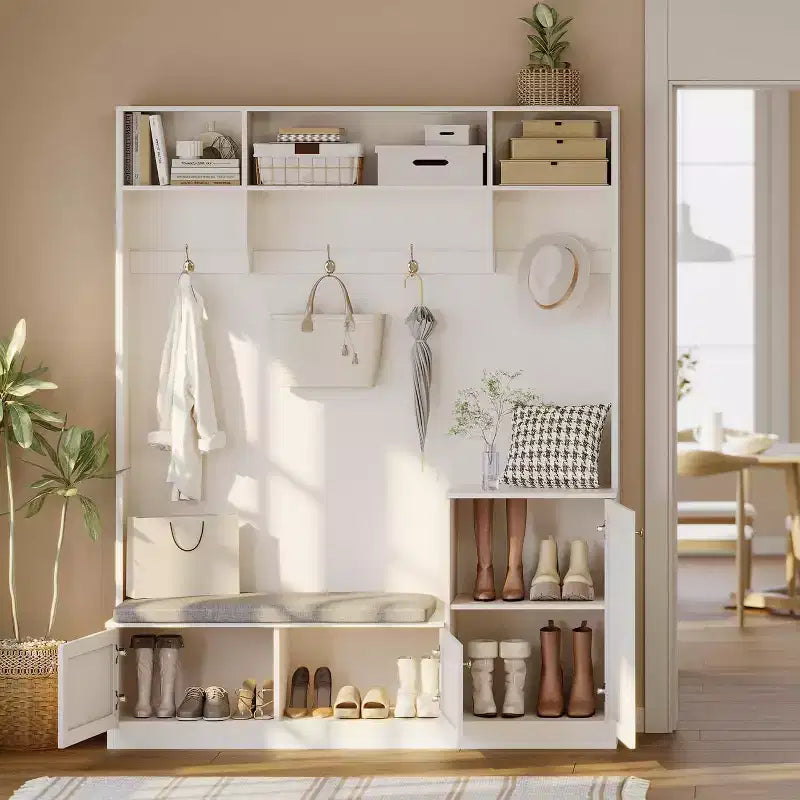 78.8 Armadio appendiabiti con scarpiera e appendiabiti, panca da ingresso stile rustico, 4 scomparti per scarpe, 4 ganci appendiabiti, 3 ripiani aperti superiori, mobile contenitore per ingresso