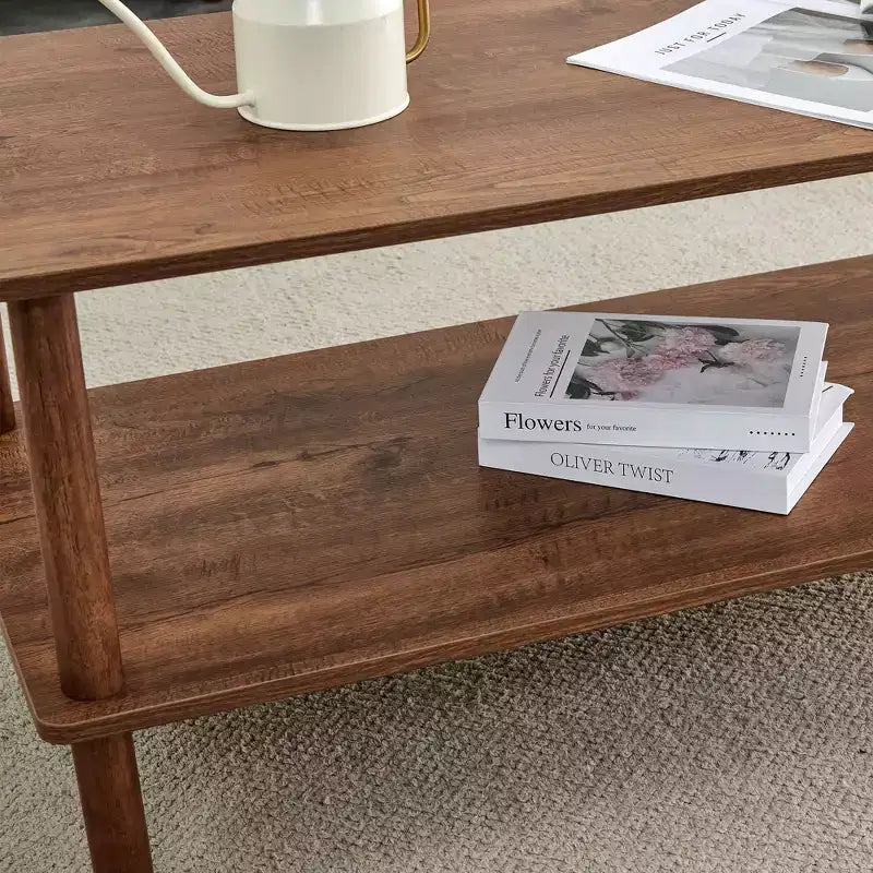 MAYEERTY Tavolino da caffè rettangolare a 2 ripiani con gambe in legno di gomma e vano a giorno per soggiorno, tavolino centrale moderno