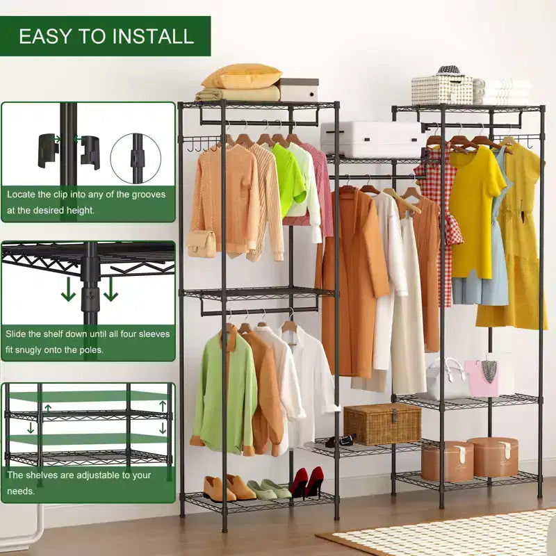 Appendiabiti resistente, Stender con ripiani regolabili, Aste appendiabiti e ganci, Armadio portatile autoportante per camera da letto, ingresso