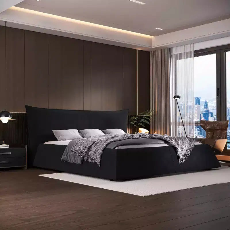 Letto a piattaforma imbottito king size MAYEERTY con testiera in velluto dalla forma speciale, struttura in metallo e solida nera
