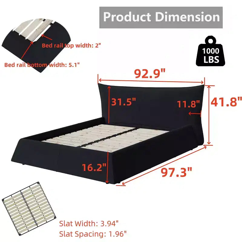 Letto a piattaforma imbottito king size MAYEERTY con testiera in velluto dalla forma speciale, struttura in metallo e solida nera