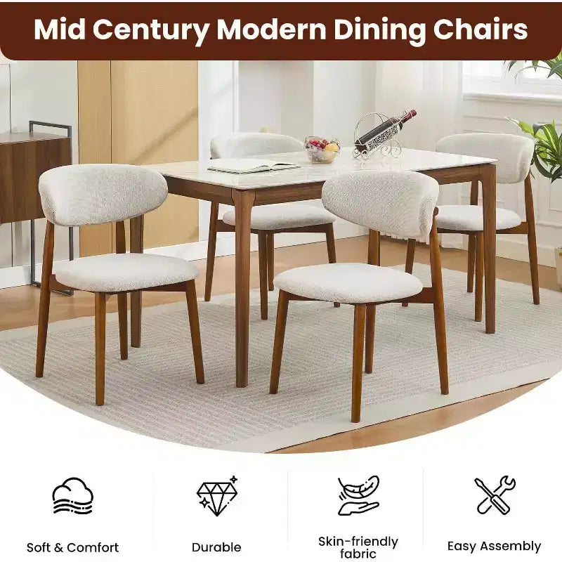 Set di 2 sedie da pranzo in legno, in tessuto imbottito in stile moderno di metà secolo, stile rustico per cucina e sala da pranzo, beige