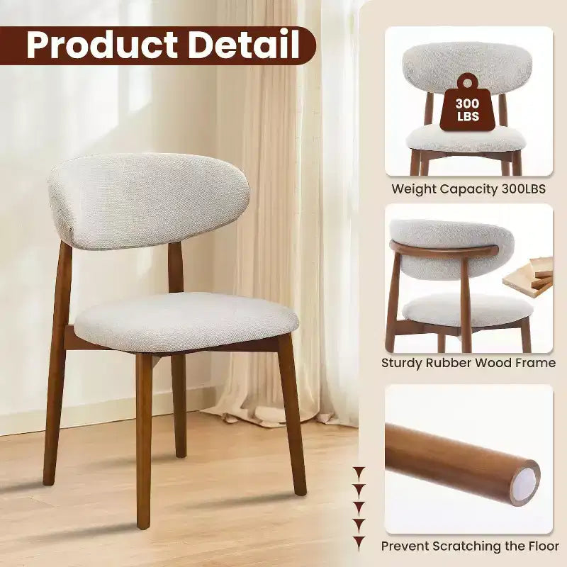 Set di 2 sedie da pranzo in legno, in tessuto imbottito in stile moderno di metà secolo, stile rustico per cucina e sala da pranzo, beige