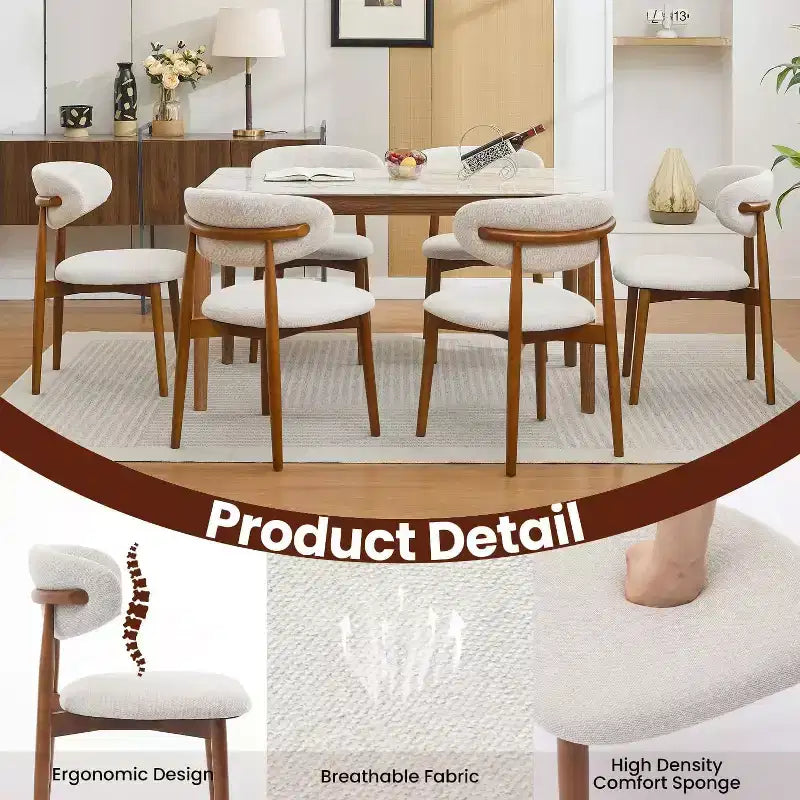 Set di 2 sedie da pranzo in legno, in tessuto imbottito in stile moderno di metà secolo, stile rustico per cucina e sala da pranzo, beige