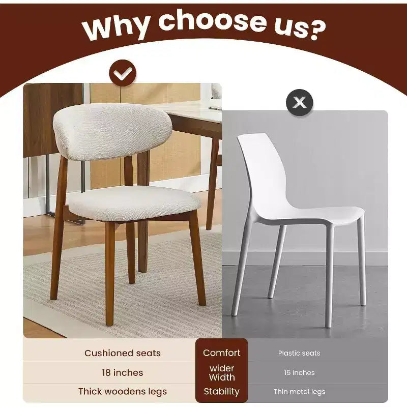 Set di 2 sedie da pranzo in legno, in tessuto imbottito in stile moderno di metà secolo, stile rustico per cucina e sala da pranzo, beige