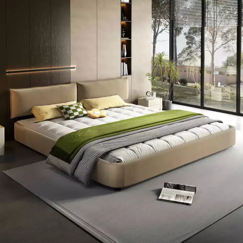 MAYEERTY Letto King Size Cloud con testiera imbottita oversize e mobile, angolo arrotondato, doghe in metallo e legno massello, doppio supporto, color cammello
