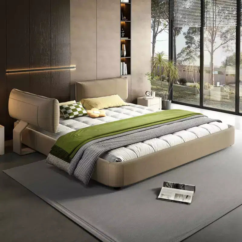 MAYEERTY Letto King Size Cloud con testiera imbottita oversize e mobile, angolo arrotondato, doghe in metallo e legno massello, doppio supporto, color cammello