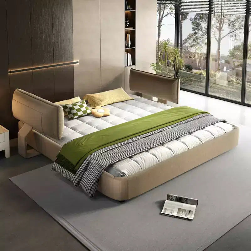 MAYEERTY Letto King Size Cloud con testiera imbottita oversize e mobile, angolo arrotondato, doghe in metallo e legno massello, doppio supporto, color cammello