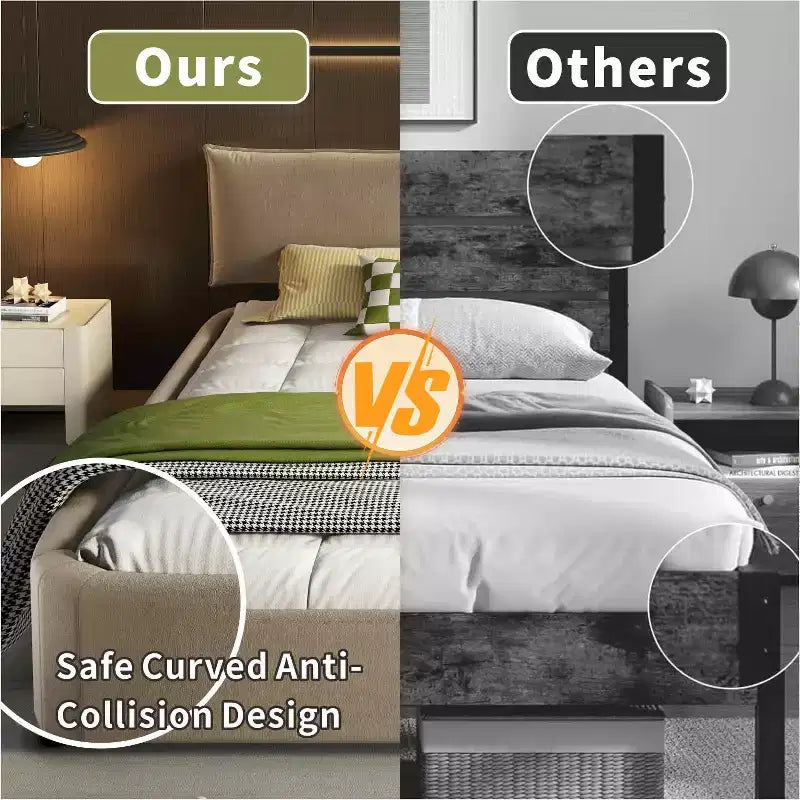 MAYEERTY Letto King Size Cloud con testiera imbottita oversize e mobile, angolo arrotondato, doghe in metallo e legno massello, doppio supporto, color cammello