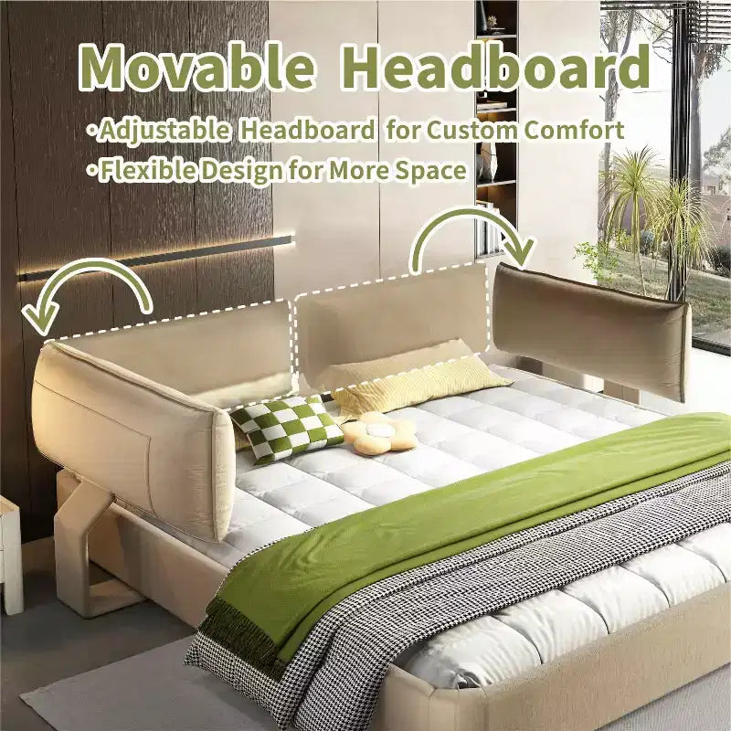 MAYEERTY Letto King Size Cloud con testiera imbottita oversize e mobile, angolo arrotondato, doghe in metallo e legno massello, doppio supporto, color cammello