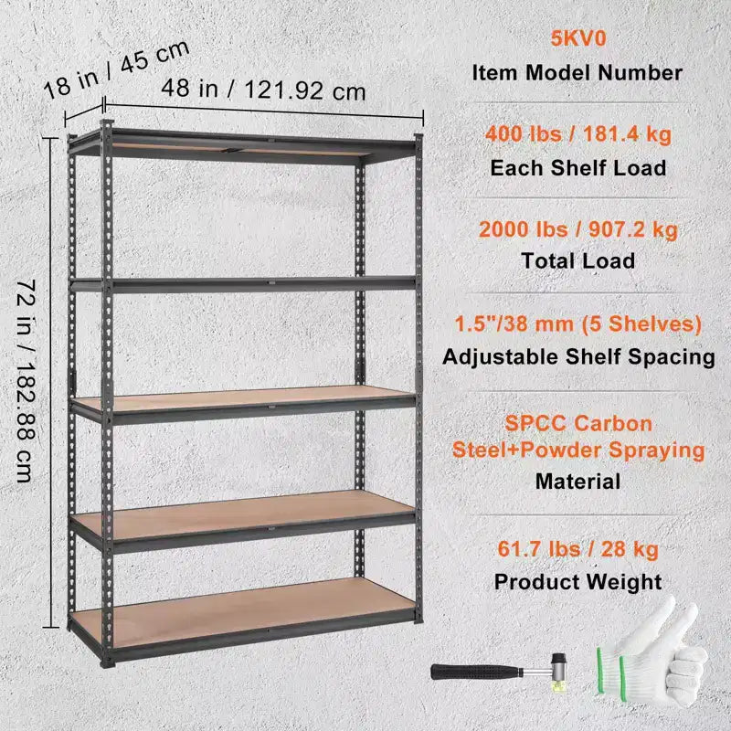 Scaffale per Ripostiglio 122x46x183 cm, 5 Ripiani Regolabili Capacità 900 kg, Scaffali per Garage Resistenti Organizzatore Metallico, Nero