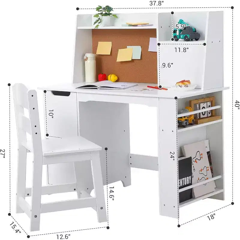 Scrivania in Legno con Cassettiera, Libreria, Armadietti e Bacheca in Sughero - Tavolo e Sedia per Scuola a Casa, Bambini e Bambine, Bianco