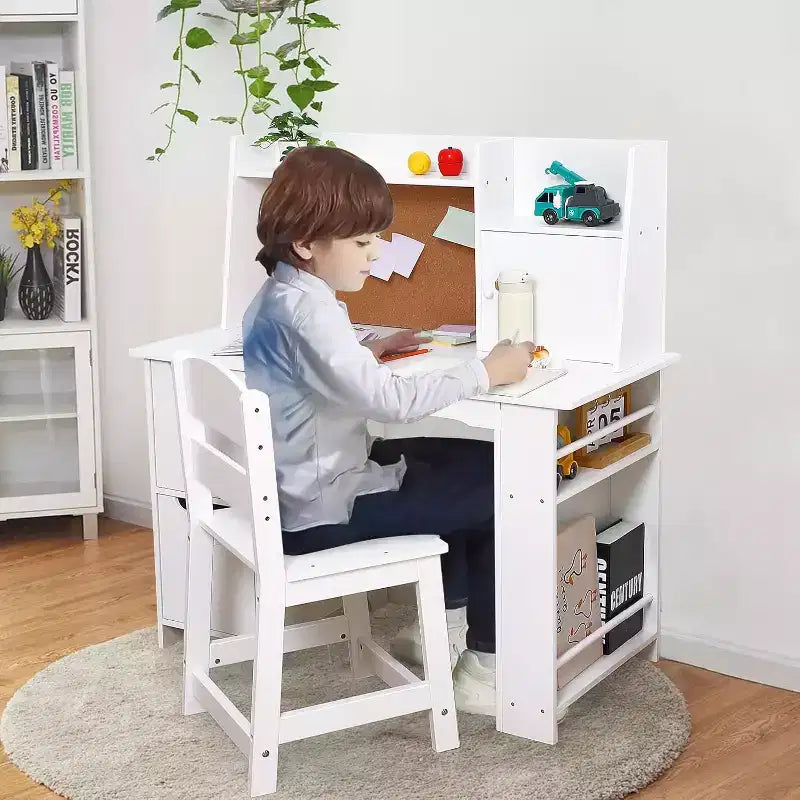 Scrivania in Legno con Cassettiera, Libreria, Armadietti e Bacheca in Sughero - Tavolo e Sedia per Scuola a Casa, Bambini e Bambine, Bianco