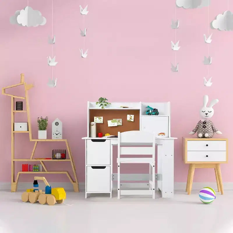 Scrivania in Legno con Cassettiera, Libreria, Armadietti e Bacheca in Sughero - Tavolo e Sedia per Scuola a Casa, Bambini e Bambine, Bianco