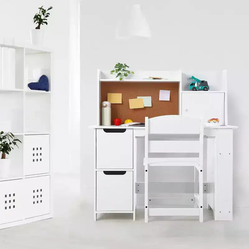 Scrivania in Legno con Cassettiera, Libreria, Armadietti e Bacheca in Sughero - Tavolo e Sedia per Scuola a Casa, Bambini e Bambine, Bianco