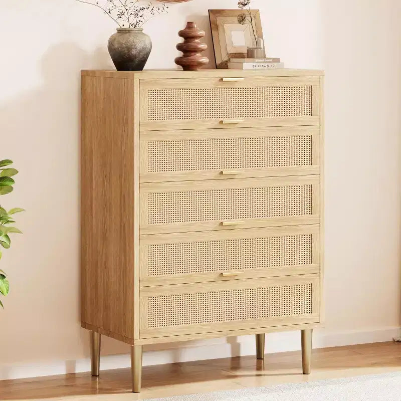Cassettiera in Rattan a 5 Cassetti per Camera da Letto, Cassettiera Bohemien con Gambe in Metallo, Cassettiera Elegante in Legno con Ampio Spazio di Archiviazione, Cassettiera in Rattan