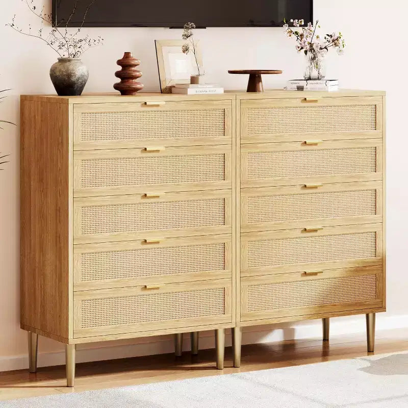 Cassettiera in Rattan a 5 Cassetti per Camera da Letto, Cassettiera Bohemien con Gambe in Metallo, Cassettiera Elegante in Legno con Ampio Spazio di Archiviazione, Cassettiera in Rattan