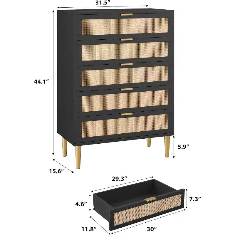 Cassettiera in Rattan a 5 Cassetti per Camera da Letto, Cassettiera Bohemien con Gambe in Metallo, Cassettiera Elegante in Legno con Ampio Spazio di Archiviazione, Cassettiera in Rattan