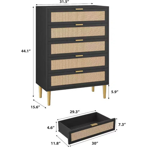Cassettiera in Rattan a 5 Cassetti per Camera da Letto, Cassettiera Bohemien con Gambe in Metallo, Cassettiera Elegante in Legno con Ampio Spazio di Archiviazione, Cassettiera in Rattan