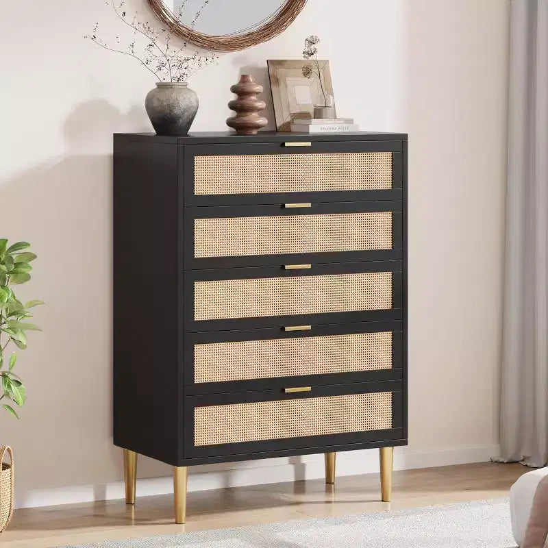 Cassettiera in Rattan a 5 Cassetti per Camera da Letto, Cassettiera Bohemien con Gambe in Metallo, Cassettiera Elegante in Legno con Ampio Spazio di Archiviazione, Cassettiera in Rattan
