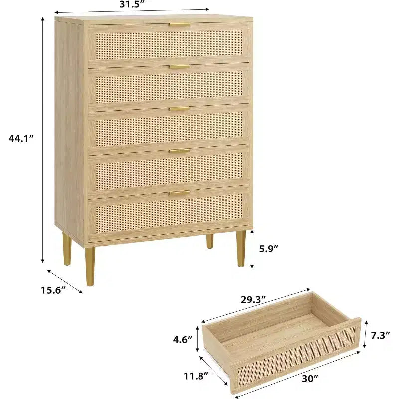 Cassettiera in Rattan a 5 Cassetti per Camera da Letto, Cassettiera Bohemien con Gambe in Metallo, Cassettiera Elegante in Legno con Ampio Spazio di Archiviazione, Cassettiera in Rattan