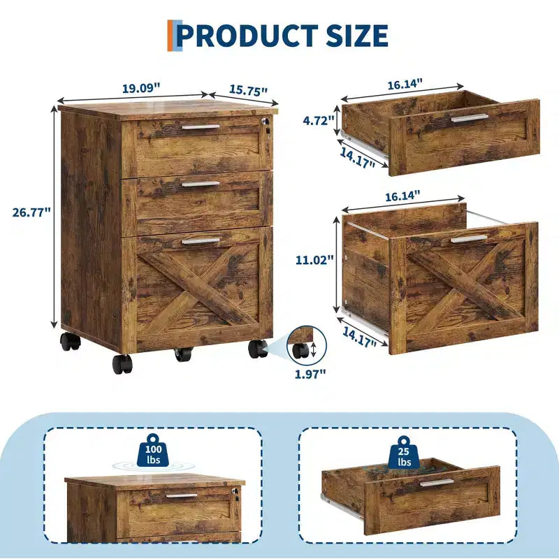 Classificatore a 3 cassetti con serratura, cassettiera mobile sottopiano per ufficio domestico, organizer in legno per documenti formato Letter/A4/Legal