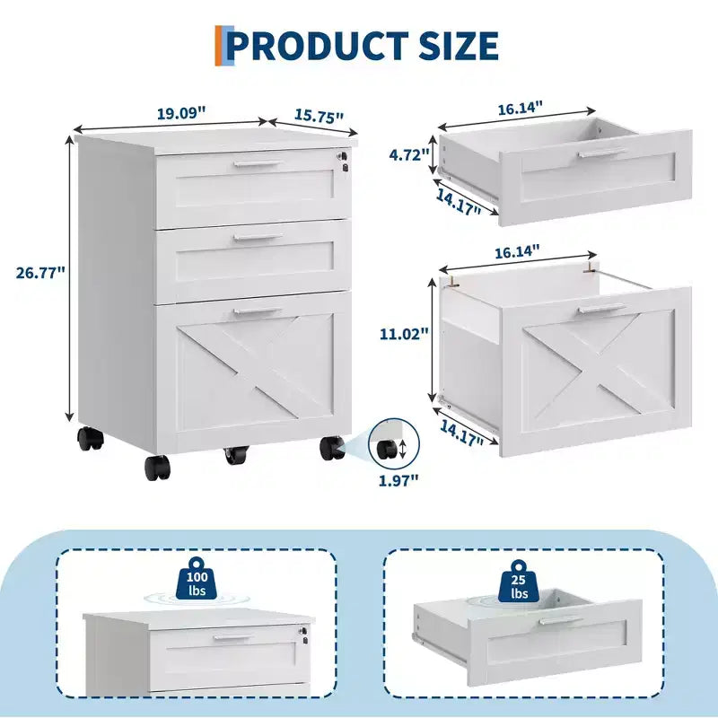 Classificatore a 3 cassetti con serratura, cassettiera mobile sottopiano per ufficio domestico, organizer in legno per documenti formato Letter/A4/Legal