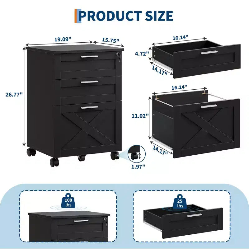 Classificatore a 3 cassetti con serratura, cassettiera mobile sottopiano per ufficio domestico, organizer in legno per documenti formato Letter/A4/Legal