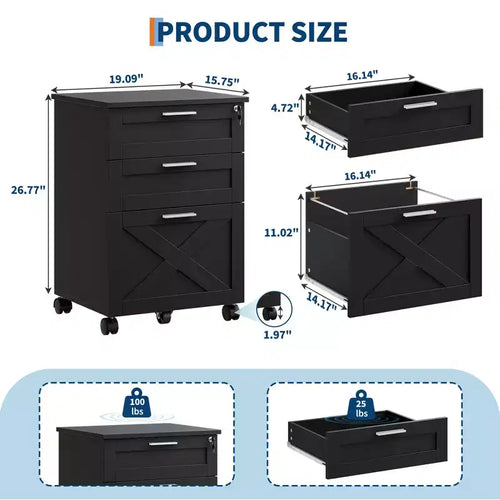 Classificatore a 3 cassetti con serratura, cassettiera mobile sottopiano per ufficio domestico, organizer in legno per documenti formato Letter/A4/Legal