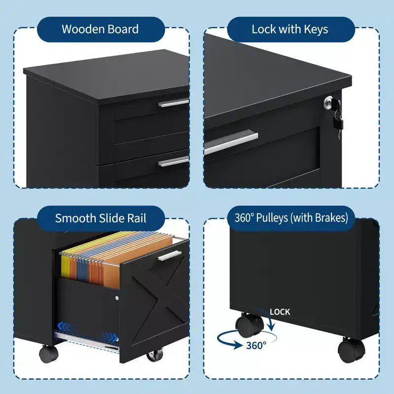 Classificatore a 3 cassetti con serratura, cassettiera mobile sottopiano per ufficio domestico, organizer in legno per documenti formato Letter/A4/Legal