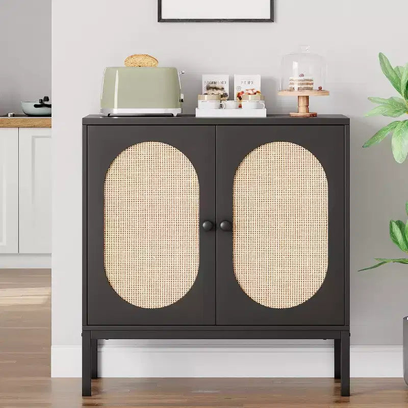 Mobile Contenitore in Rattan con Ante e Ripiani, Credenza e Consolle in Legno per Soggiorno, Sala da Pranico, Ingresso (2pz)