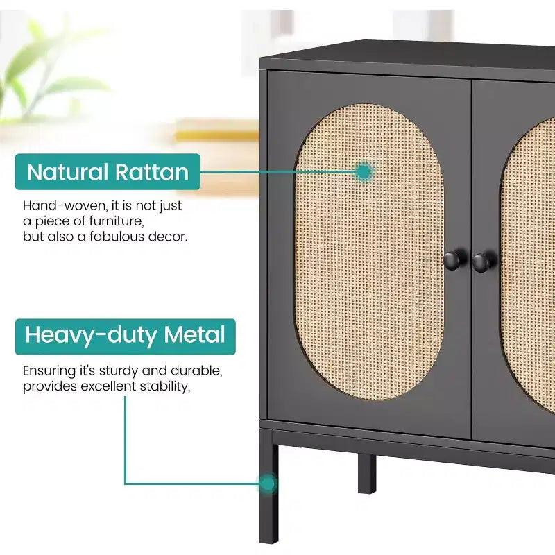 Mobile Contenitore in Rattan con Ante e Ripiani, Credenza e Consolle in Legno per Soggiorno, Sala da Pranico, Ingresso (2pz)