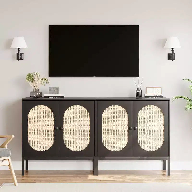 Mobile Contenitore in Rattan con Ante e Ripiani, Credenza e Consolle in Legno per Soggiorno, Sala da Pranico, Ingresso (2pz)