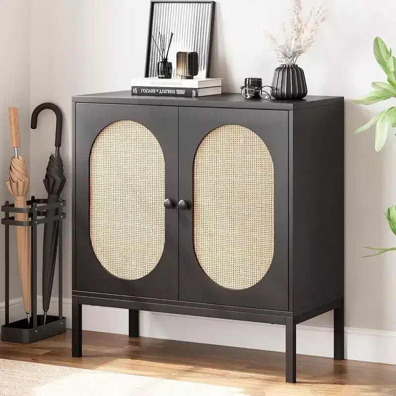 Mobile Contenitore in Rattan con Ante e Ripiani, Credenza e Consolle in Legno per Soggiorno, Sala da Pranico, Ingresso (2pz)