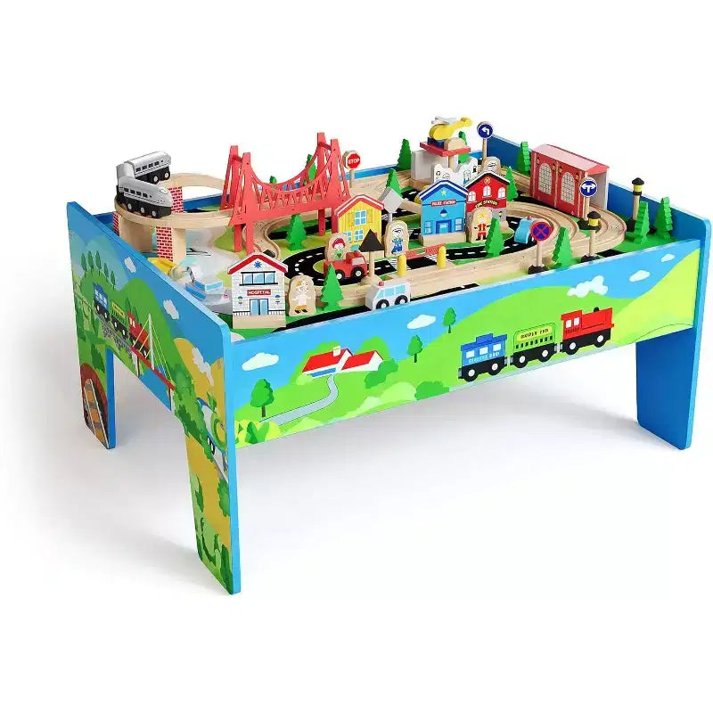 2-in-1 Train Table & Study Desk, 80 Pieces Wooden Kids Activity Playset with Tracks, Railway, Train & City Accessories, Gift for Toddler Boys Girls