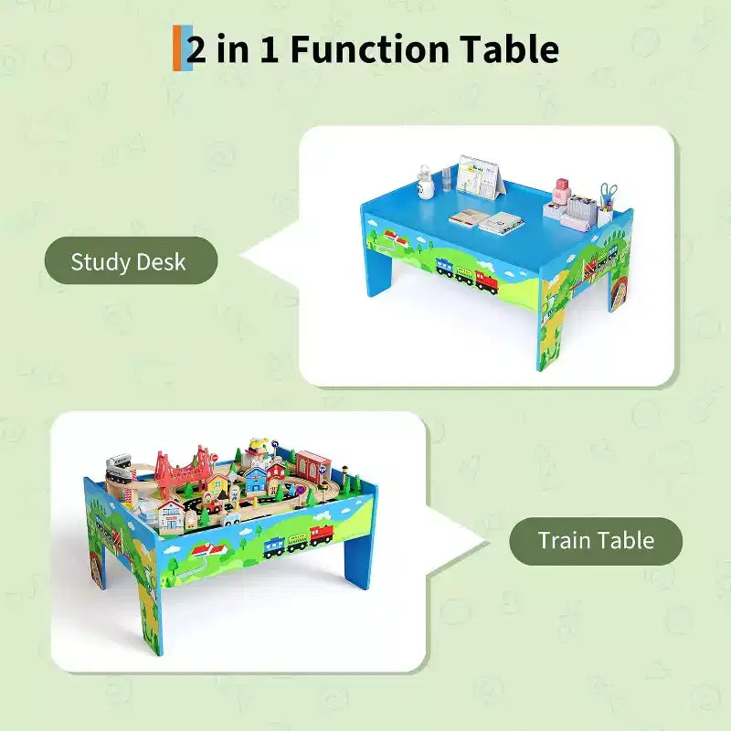 Tavolo da treno e scrivania 2-in-1, Playset attività per bambini in legno da 80 pezzi con binari, ferrovia, treno e accessori città, regalo per bambini e bambine