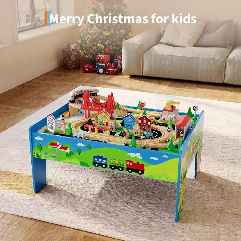 Tavolo da treno e scrivania 2-in-1, Playset attività per bambini in legno da 80 pezzi con binari, ferrovia, treno e accessori città, regalo per bambini e bambine