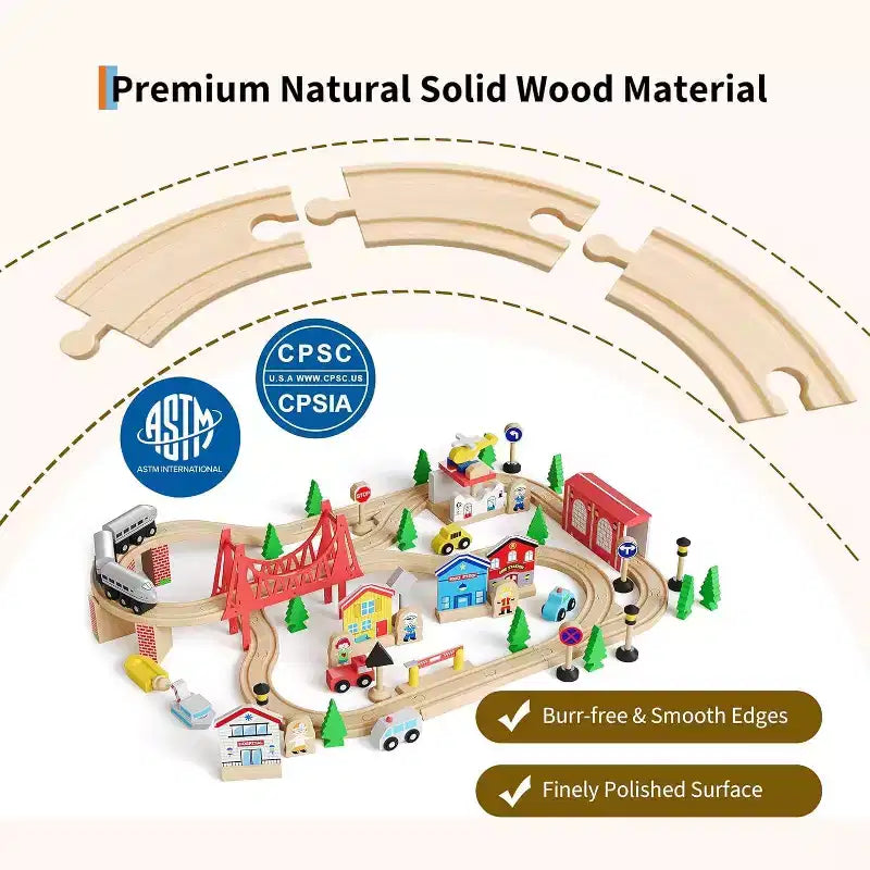 Tavolo da treno e scrivania 2-in-1, Playset attività per bambini in legno da 80 pezzi con binari, ferrovia, treno e accessori città, regalo per bambini e bambine