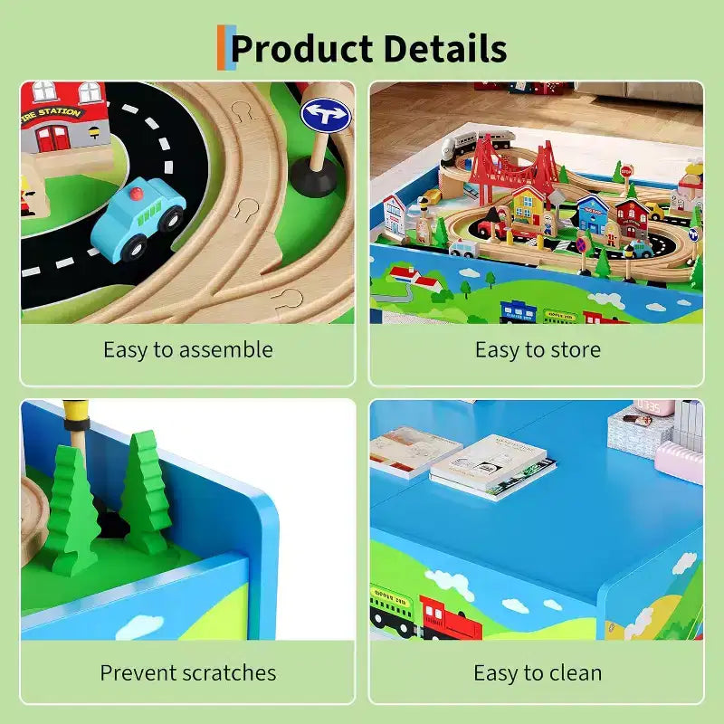 Tavolo da treno e scrivania 2-in-1, Playset attività per bambini in legno da 80 pezzi con binari, ferrovia, treno e accessori città, regalo per bambini e bambine