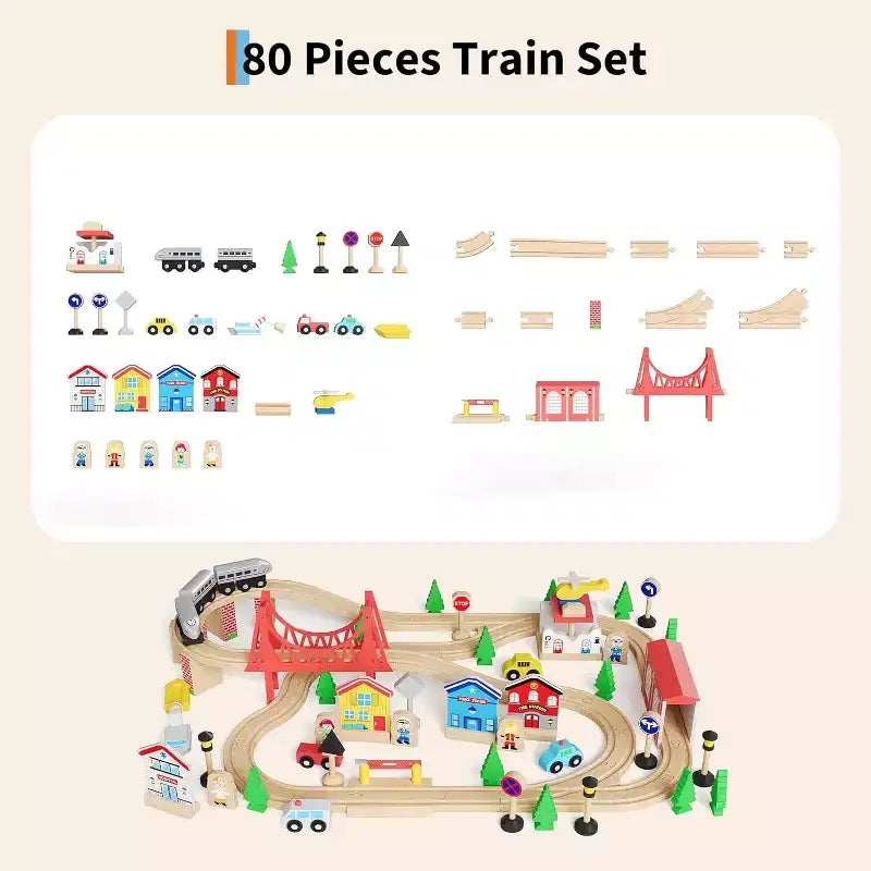 Tavolo da treno e scrivania 2-in-1, Playset attività per bambini in legno da 80 pezzi con binari, ferrovia, treno e accessori città, regalo per bambini e bambine