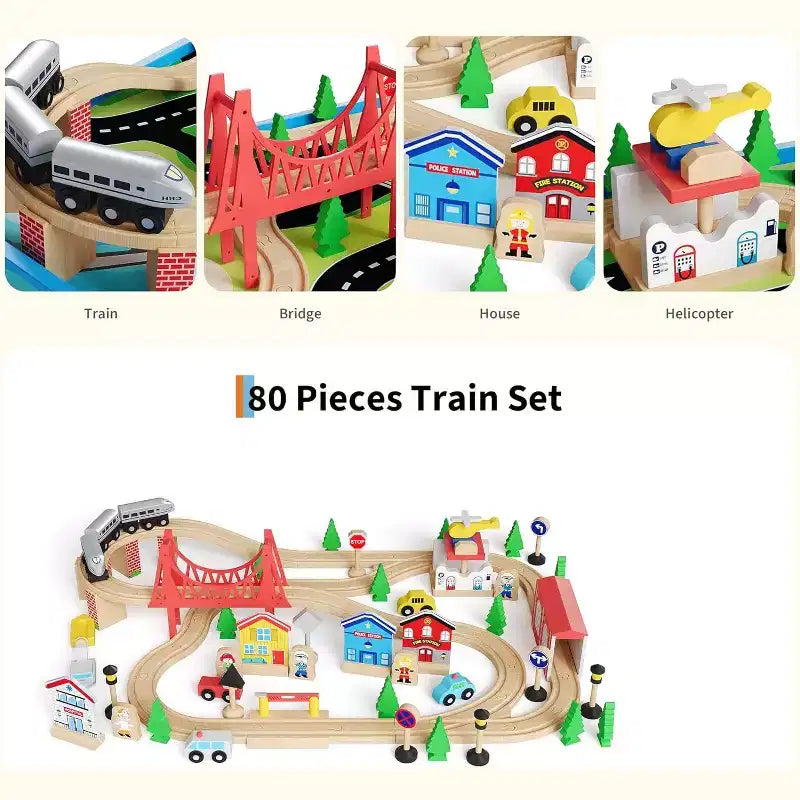 Tavolo da treno e scrivania 2-in-1, Playset attività per bambini in legno da 80 pezzi con binari, ferrovia, treno e accessori città, regalo per bambini e bambine