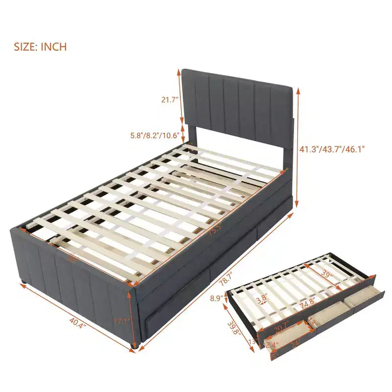 Letto a piattaforma imbottito Bellemave, una piazza e mezza, con letto estraibile e 3 cassetti portaoggetti, letto estraibile salvaspazio per piccole stanze