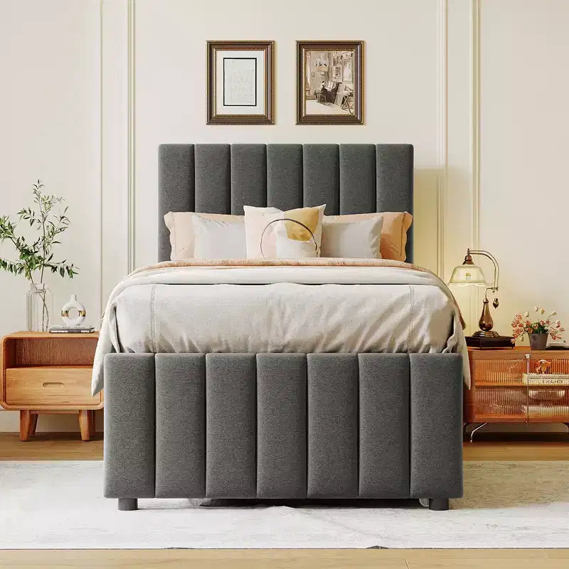 Letto a piattaforma imbottito Bellemave, una piazza e mezza, con letto estraibile e 3 cassetti portaoggetti, letto estraibile salvaspazio per piccole stanze